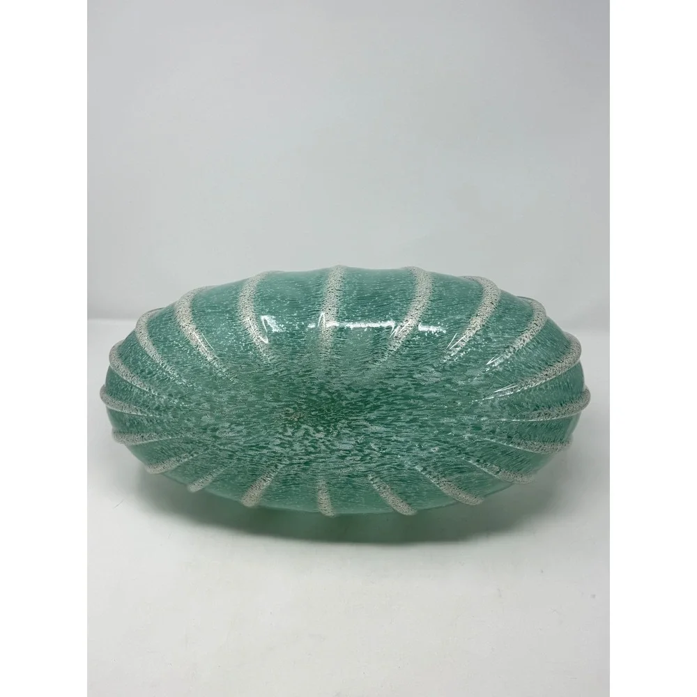 Art Glass Ribbed Urchin Vase 17x11 Teal Green Gold Fleck Coastal MCM Decor